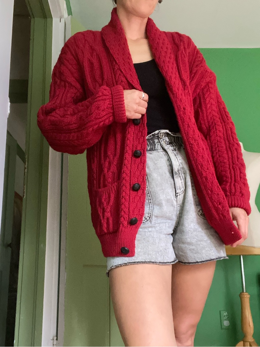 Aran Crafts Ireland Red Cable-Knit Shawl Cardigan sweater 100% wool